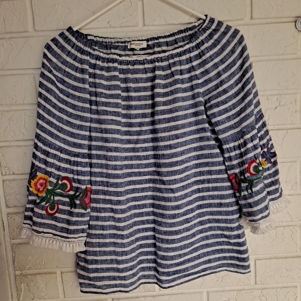 Beachlunchlounge linen embroidered blue/white horizontal stripe tassle t…